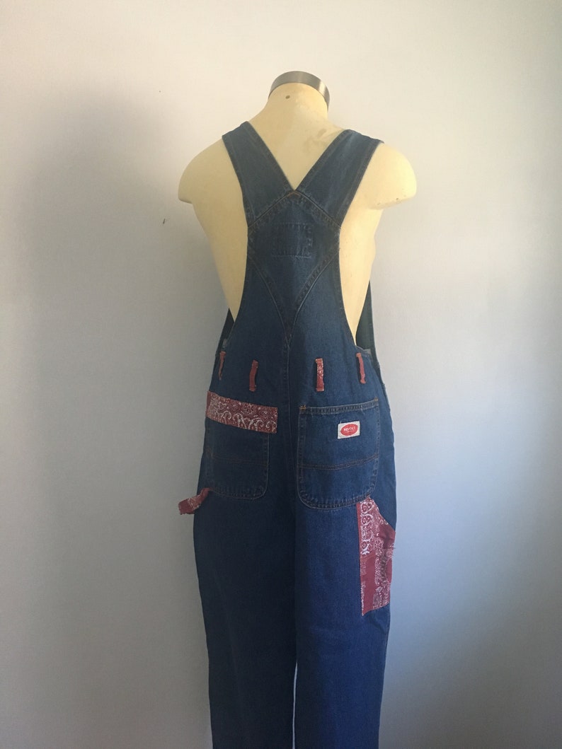 Red Bandanna Denim Overalls Size ML High Rise Short Leg Jeans Jumper