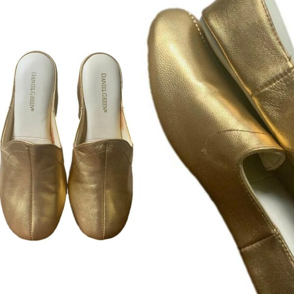 Gold Leather Slip On Mule Slippers // Deadstock Vintage Daniel Green Size 6.5