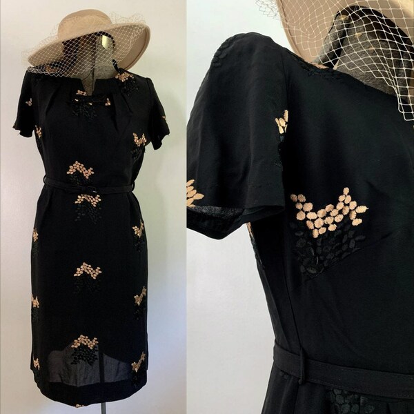 1950s Black Embroidered Belted Dress