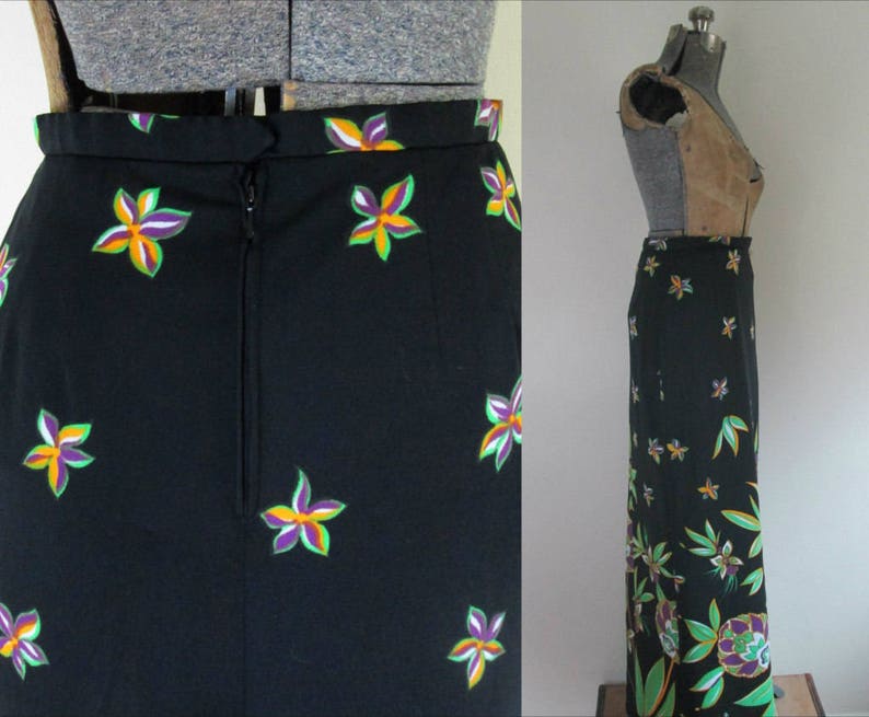 1970s Mod Maxi Skirt With Slit // Black Neon Floral Long | Etsy