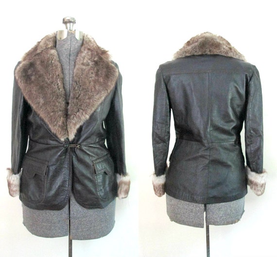 Fur Trimmed Brown Leather Jacket // Mod Boho Vinta