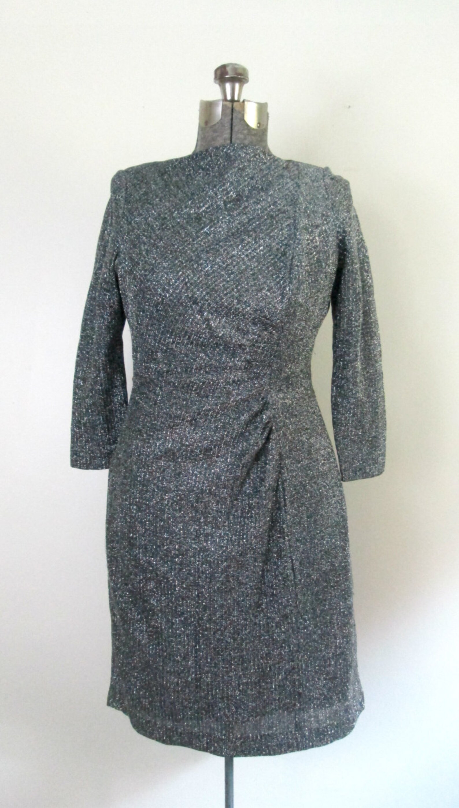 Black Silver Lame Dress // Long Sleeve Ruched Bodycon Etsy