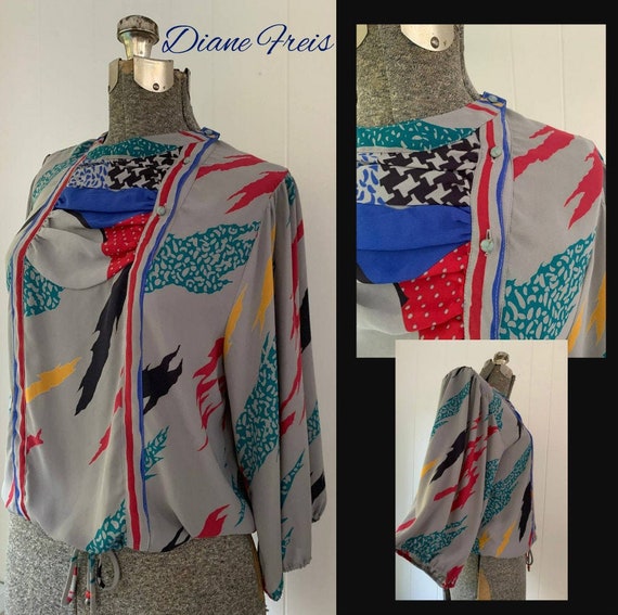 Diane Freis Chiffon Gray Print Blouse Top