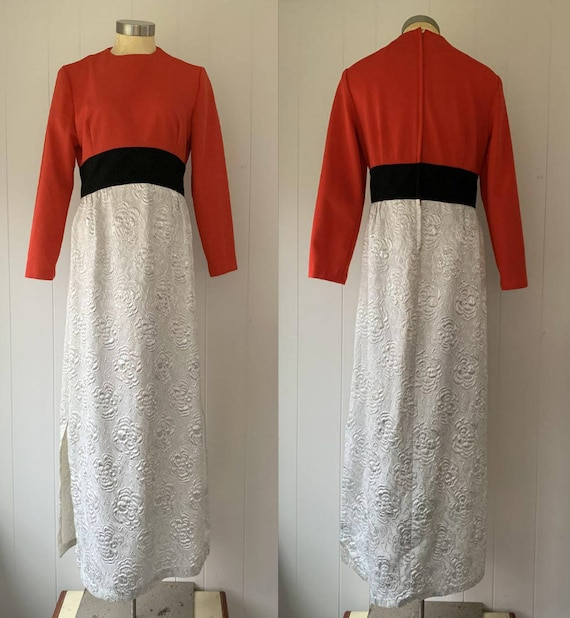 1970s Red Black Silver Lame Maxi Dress