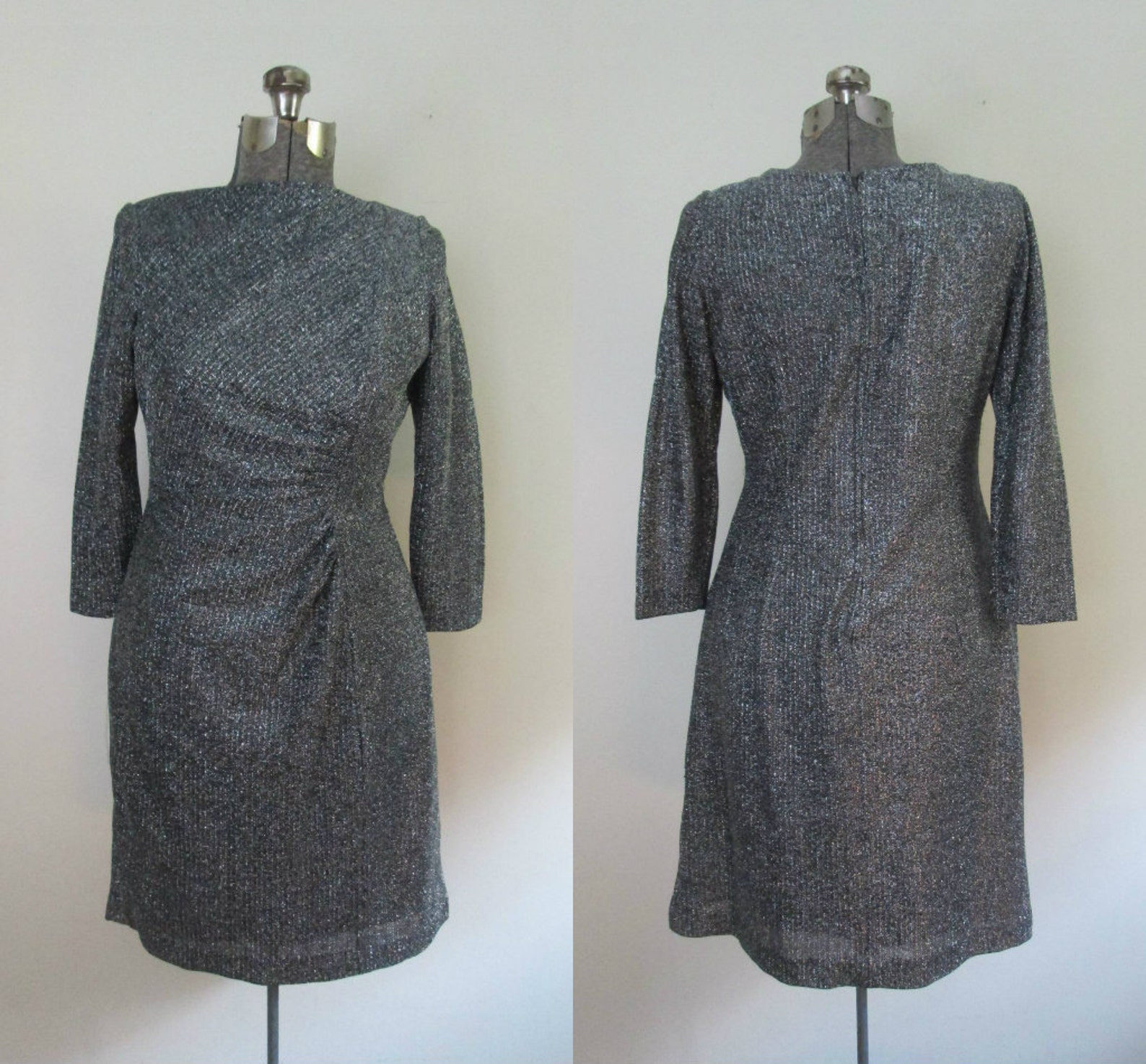 Black Silver Lame Dress // Long Sleeve Ruched Bodycon Etsy