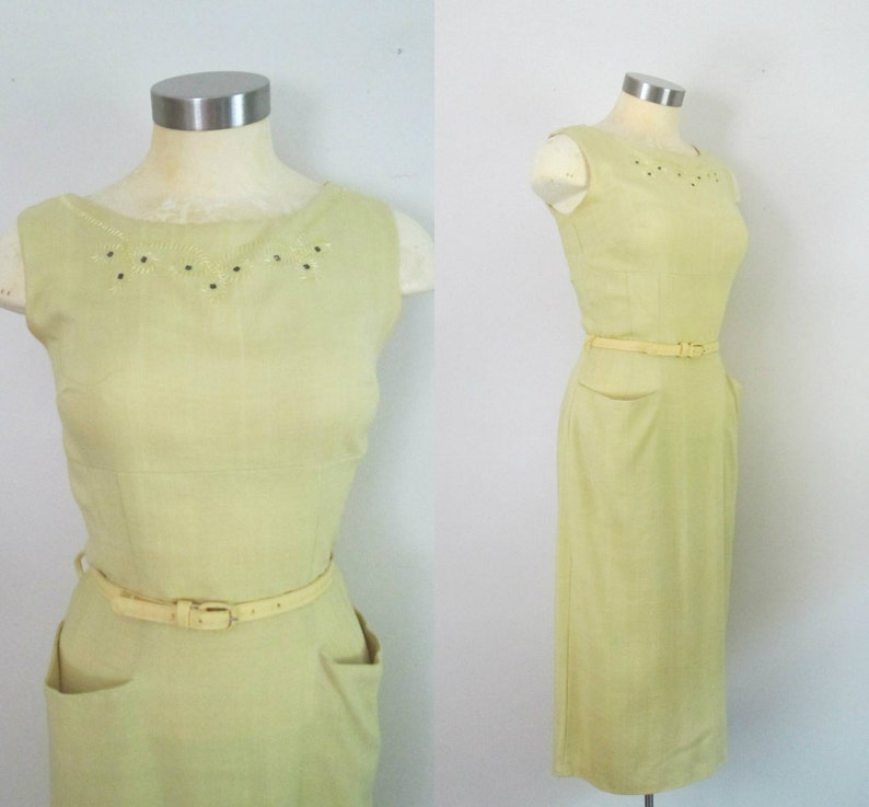 Yellow Linen Pencil Dress / 1960s Mid Century Secretary | Etsy