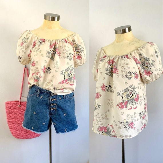 1940s Rayon Off Shoulder Peasant Blouse Top