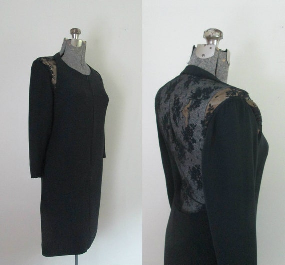 Designer Black Silk Dress Sheer Lace Back Mr. Bee… - image 1