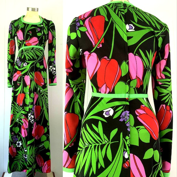 1970s Black Mod Floral Maxi Dress