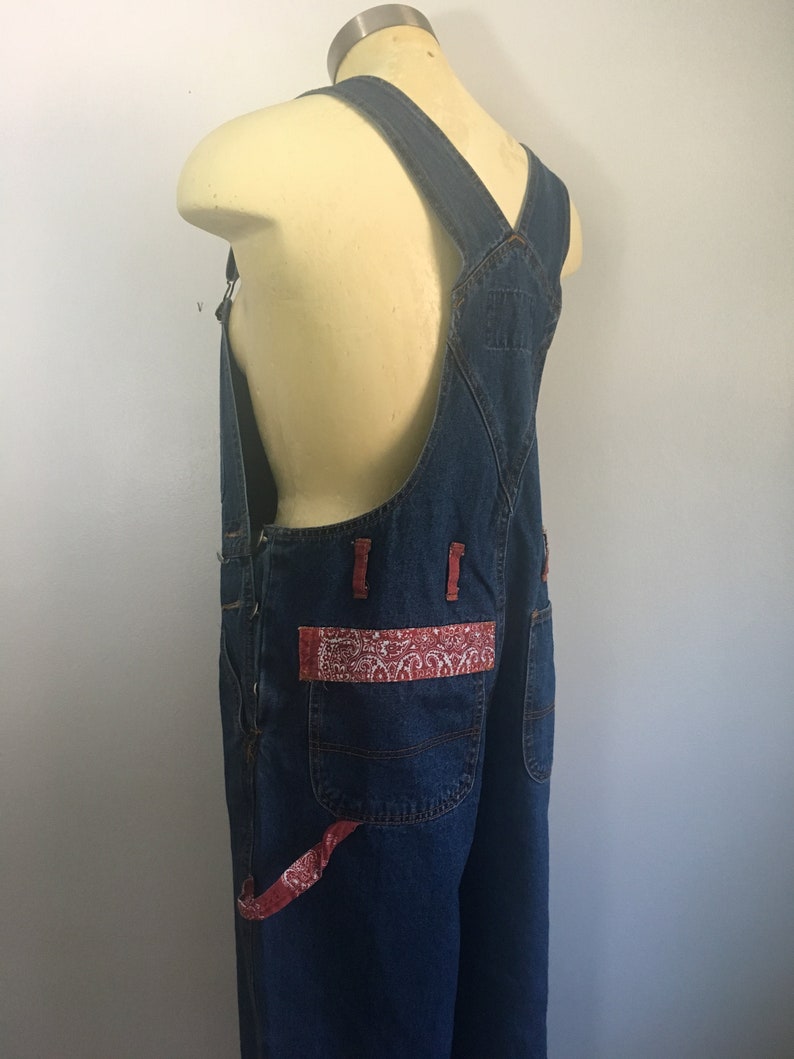 Red Bandanna Denim Overalls Size ML High Rise Short Leg Jeans Jumper