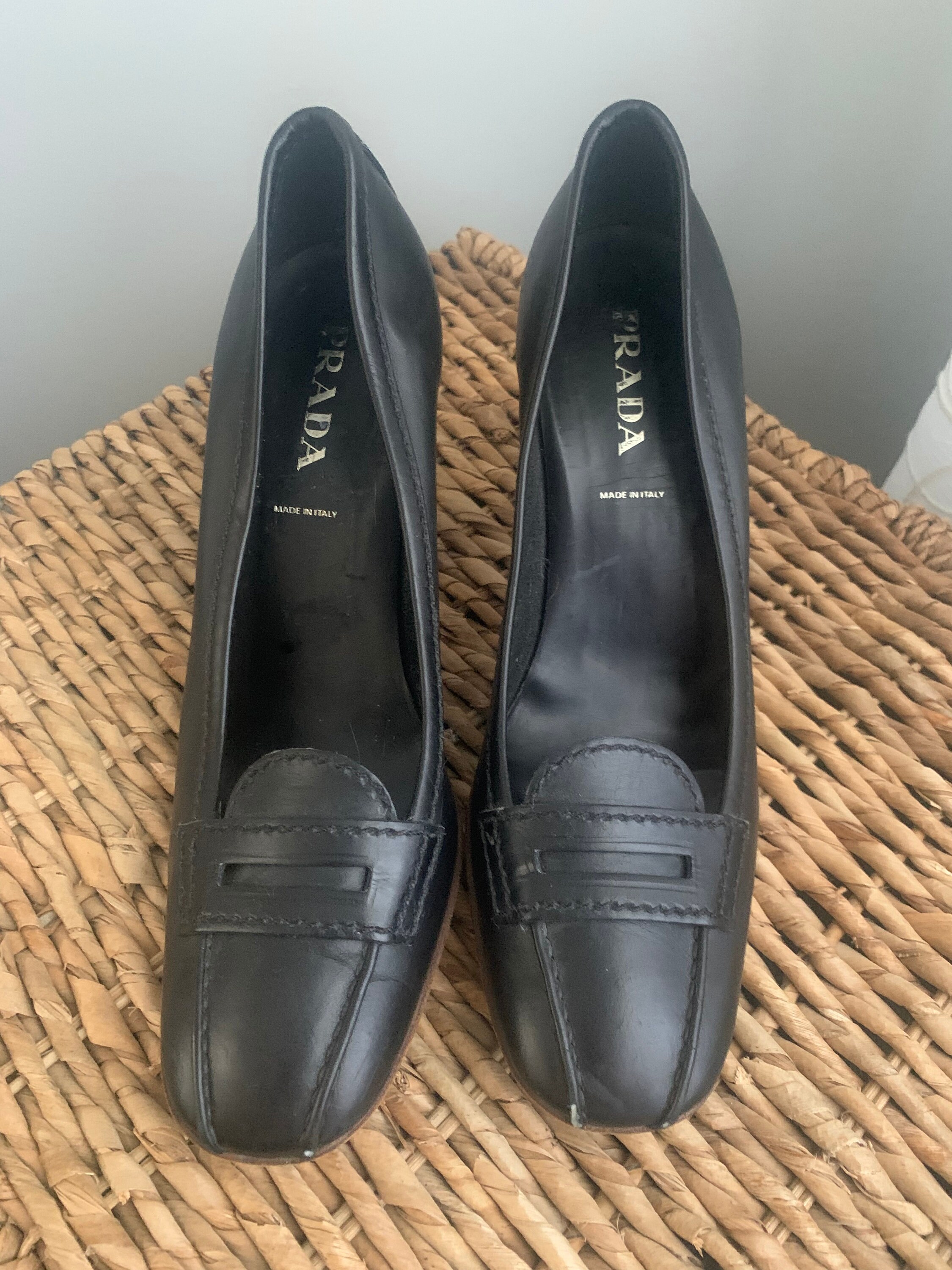 Prada Black Leather Loafer Chunky Heel 