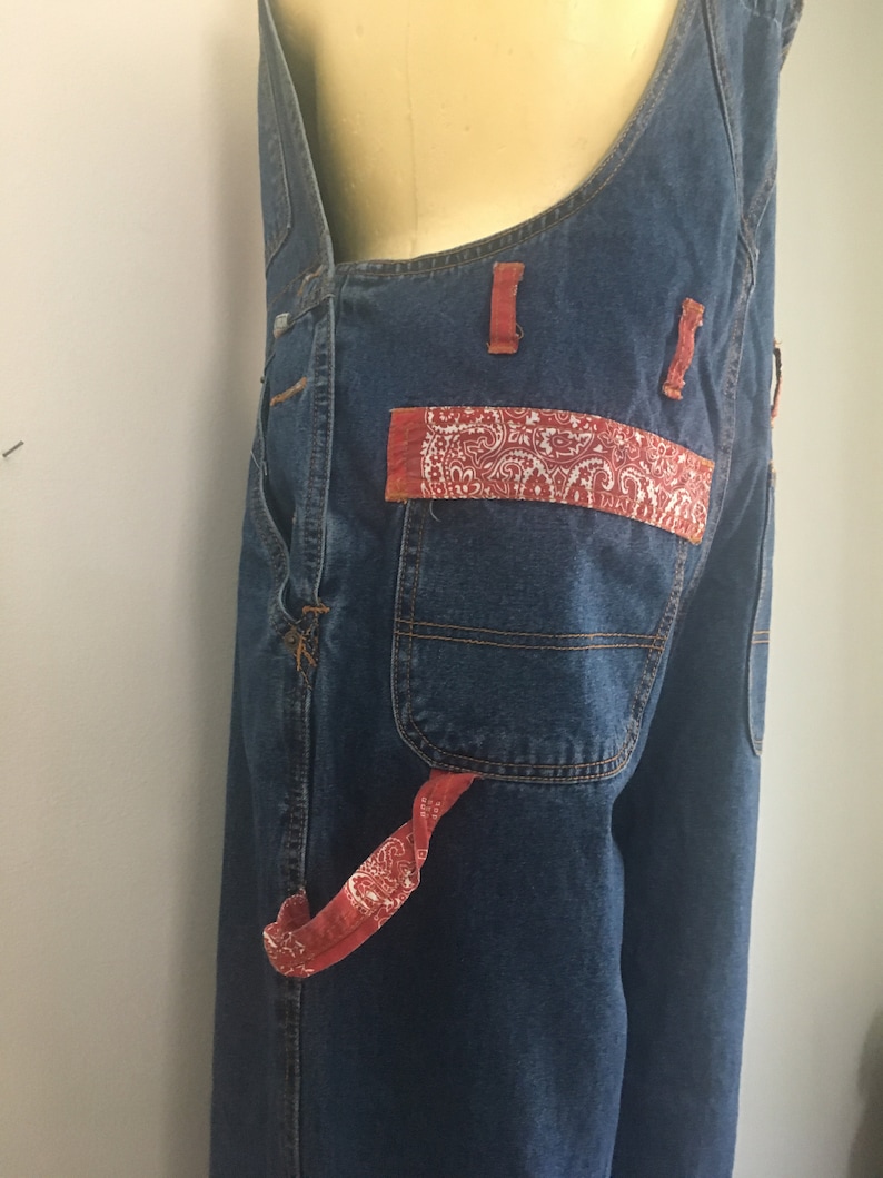 Red Bandanna Denim Overalls Size ML High Rise Short Leg Jeans Jumper