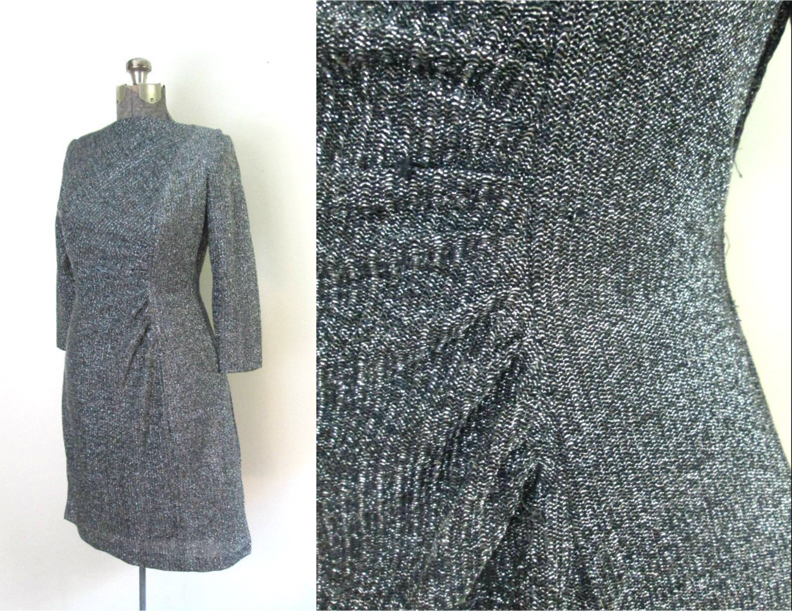 Black Silver Lame Dress // Long Sleeve Ruched Bodycon Etsy