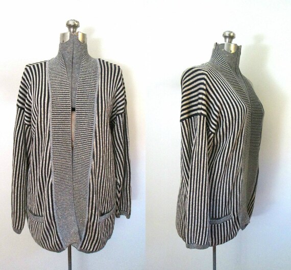 Gold Lame Striped Oversized Cardigan Sweater - image 1
