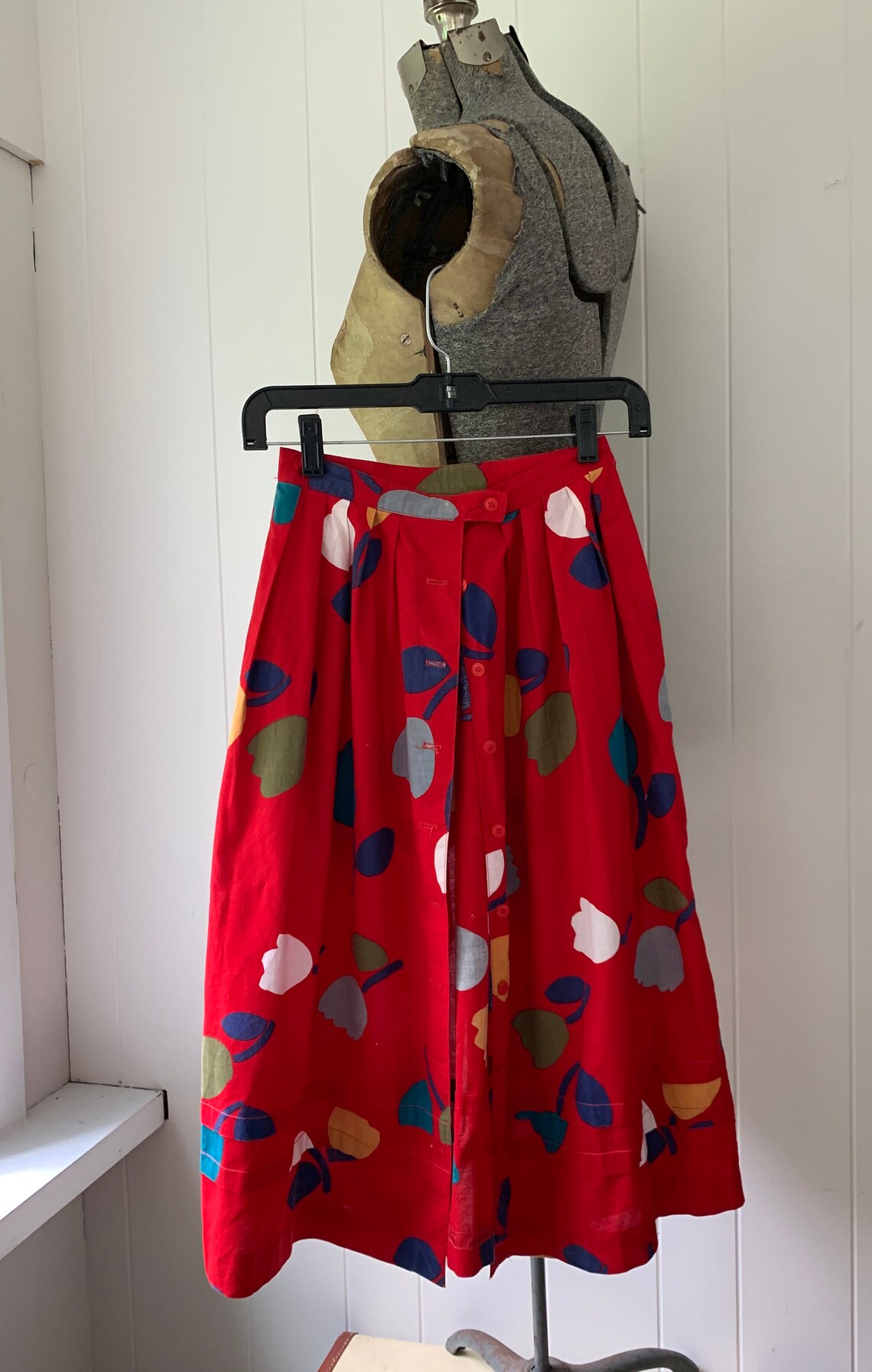 Red Cotton Button Front Skirt // 1970s John Meyer Abstract Etsy