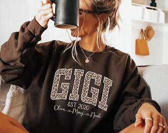 Custom Leopard Gigi Sweatshirt With Kid Name, Personalized Gigi Sweatshirt,Gift For Mom, Mothers Day Gift,Gigi Est Year Sweatshirt