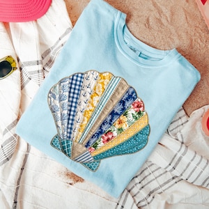 Comfort Colors® Quilted Patchwork Seashell Graphic Tee, Vintage Beach Cottagecore Shirt