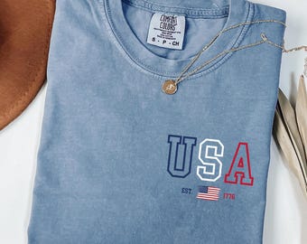 Comfort Colors® USA Est 1776 Shirt, America 4th of July T-Shirt, USA Flag Shirt, American Women Shirt, Red White Blue Shirt, 4th of July Tee