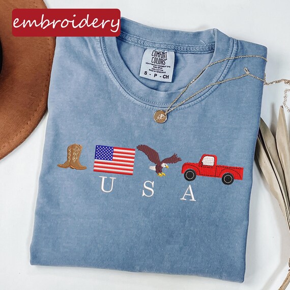 Embroidered USA Shirt: Comfort Colors® 4th of July T-shirt, America Icons Cowboy Boots, Cowboy Hat, Pickup Truck, Eagle Embroidery Tee