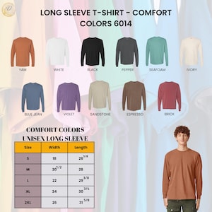 Puede incluir: Exhibici&oacute;n de camisetas de manga larga en varios colores, incluyendo Yam, Blanco, Negro, Pimienta, Espuma de mar e Ivory. La imagen tambi&eacute;n muestra una tabla de tallas para las camisetas unisex, con medidas en cm.