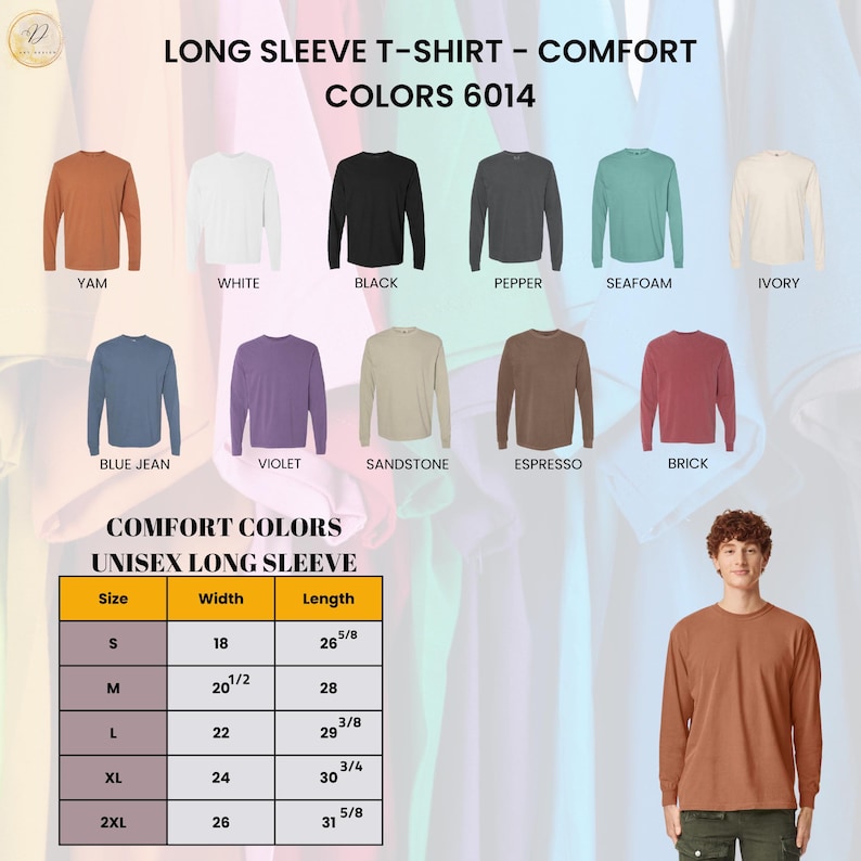 Puede incluir: Exhibici&oacute;n de camisetas de manga larga en varios colores, incluyendo Yam, Blanco, Negro, Pimienta, Espuma de mar e Ivory. La imagen tambi&eacute;n muestra una tabla de tallas para las camisetas unisex, con medidas en cm.