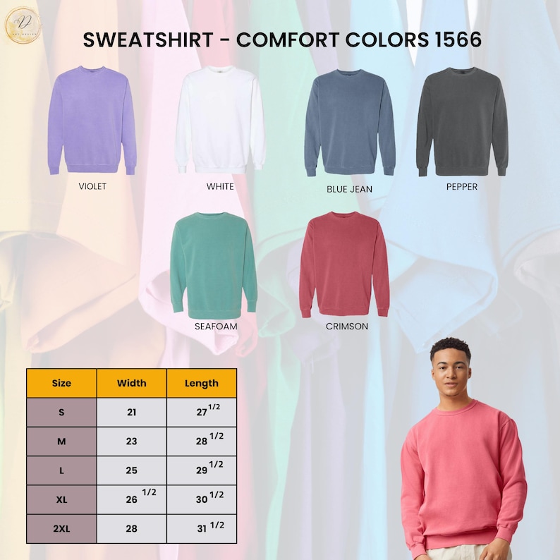 Puede incluir: Exhibici&oacute;n de sudaderas en varios colores, incluyendo violeta, blanco, azul vaquero, pimienta, espuma de mar y carmes&iacute;. La imagen tambi&eacute;n muestra una tabla de tallas con medidas en cent&iacute;metros y una persona con una sudadera carmes&iacute;. El texto "SWEATSHIRT - COMFORT COLORS 1566" est&aacute; en la parte superior.