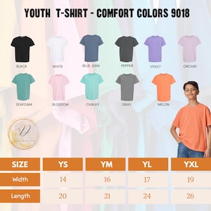 May include: A Comfort Colors 9018 youth t-shirt color chart displaying eleven solid color options including black, white, blue jean, pepper, violet, orchid, seafoam, blossom, chalky, gray, and melon, with a size chart showing widths and lengths in inches.