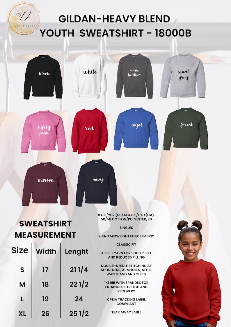 Puede incluir: Sudaderas juveniles en varios colores, incluyendo negro, blanco y azul marino. La imagen muestra una tabla de tallas con medidas en cm. Las sudaderas est&aacute;n hechas de una mezcla de algod&oacute;n/poli&eacute;ster y tienen un corte cl&aacute;sico.