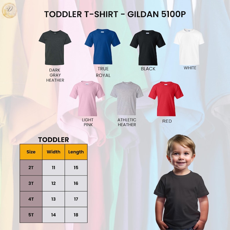 Puede incluir: Una selecci&oacute;n de camisetas para ni&ntilde;os peque&ntilde;os en varios colores, incluyendo gris oscuro, azul real, negro y blanco. La imagen tambi&eacute;n muestra camisetas rosa claro, gris jaspeado y rojas. Una tabla de tallas muestra las medidas en cm para las tallas 2T a 5T.