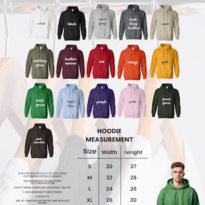 Puede incluir: Exhibici&oacute;n de sudaderas con capucha Gildan Heavy Blend en varios colores, incluyendo blanco, negro, gris deportivo, gris oscuro jaspeado, arena, verde militar, granate jaspeado, rojo, naranja, dorado, verde irland&eacute;s, azul claro, morado, rosa, verde bosque y chocolate oscuro. Se proporcionan medidas.