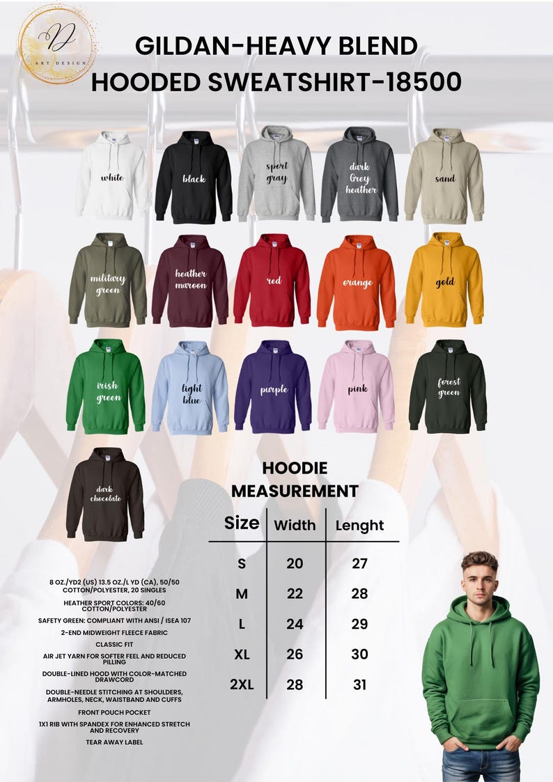 Puede incluir: Exhibici&oacute;n de sudaderas con capucha Gildan Heavy Blend en varios colores, incluyendo blanco, negro, gris deportivo, gris oscuro jaspeado, arena, verde militar, granate jaspeado, rojo, naranja, dorado, verde irland&eacute;s, azul claro, morado, rosa, verde bosque y chocolate oscuro. Se proporcionan medidas.