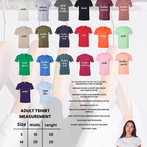 Puede incluir: Exhibici&oacute;n de camisetas Gildan Softstyle, modelo 64000, en varios colores, incluyendo blanco, negro y gris jaspeado. La imagen incluye una tabla de tallas con medidas en cm y detalles de la tela.