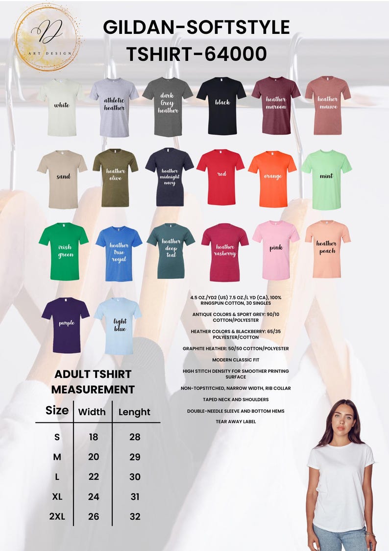 Puede incluir: Exhibici&oacute;n de camisetas Gildan Softstyle, modelo 64000, en varios colores, incluyendo blanco, negro y gris jaspeado. La imagen incluye una tabla de tallas con medidas en cm y detalles de la tela.