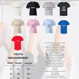 May include: Image of Gildan Heavy Cotton Youth T-shirts, model 5000B, in colours such as white, black, and light blue. A size chart is included, with measurements in inches: width 17-20 inches, length 22-26.5 inches.