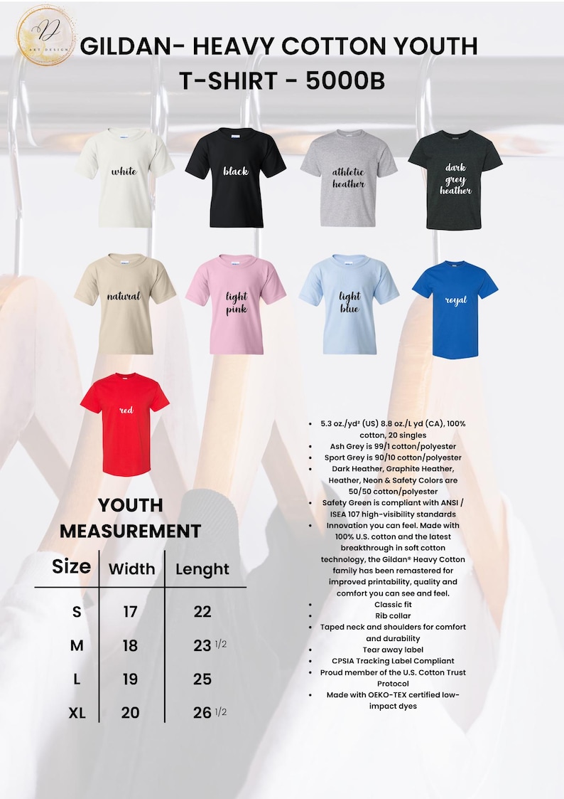 May include: Image of Gildan Heavy Cotton Youth T-shirts, model 5000B, in colours such as white, black, and light blue. A size chart is included, with measurements in inches: width 17-20 inches, length 22-26.5 inches.