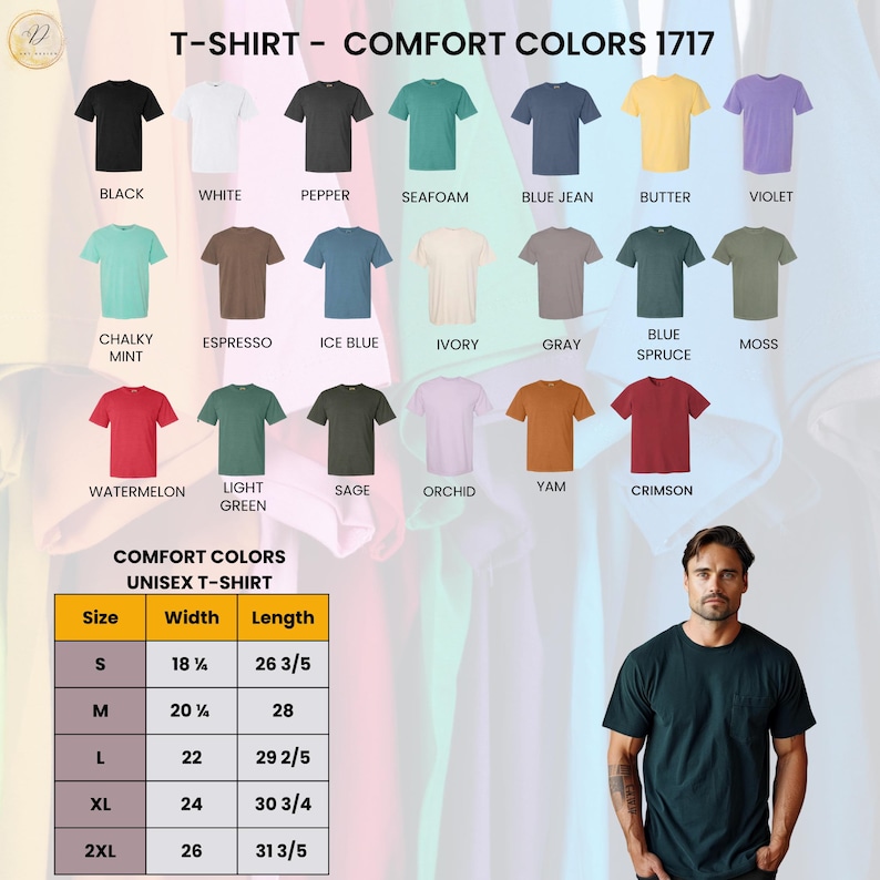 Puede incluir: Una exhibici&oacute;n de camisetas unisex Comfort Colors en varios colores, incluyendo negro, blanco y azul vaquero. La imagen tambi&eacute;n muestra una tabla de tallas con medidas en pulgadas. El texto "T-Shirt - Comfort Colors 1717" est&aacute; en la parte superior.