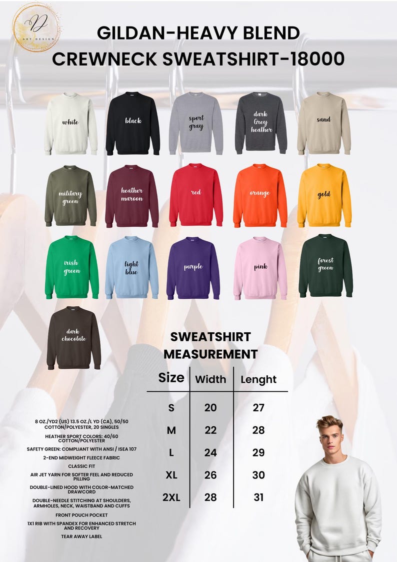 Puede incluir: Una sudadera de cuello redondo Gildan Heavy Blend 18000 en varios colores, incluyendo blanco, negro y rojo. La imagen muestra una tabla de tallas con medidas en cm, y detalles sobre la tela y las caracter&iacute;sticas.