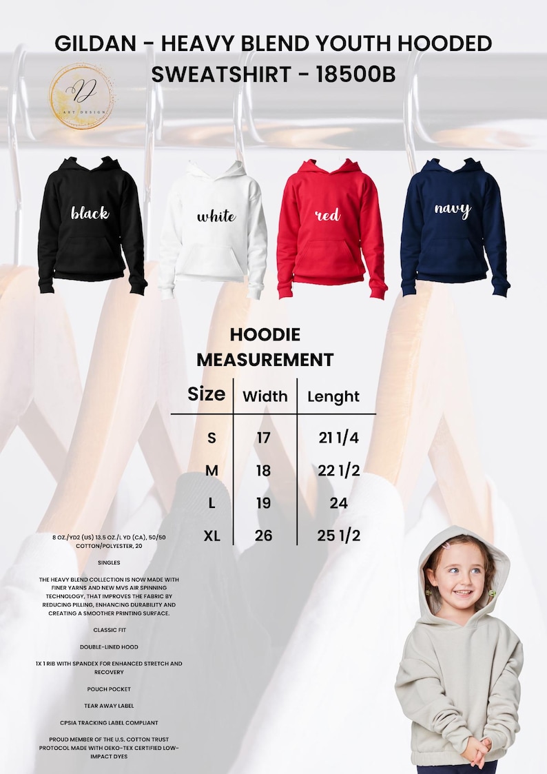 Puede incluir: Imagen de sudaderas con capucha para j&oacute;venes en negro, blanco, rojo y azul marino. La imagen incluye una tabla de tallas con medidas en pulgadas. Las sudaderas est&aacute;n hechas de una mezcla de algod&oacute;n/poli&eacute;ster y cuentan con una capucha de doble forro y un bolsillo tipo canguro.