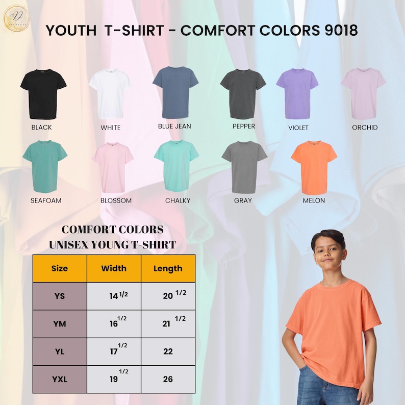 Puede incluir: Una exhibici&oacute;n de camisetas unisex para j&oacute;venes Comfort Colors en varios colores, incluyendo negro, blanco, azul vaquero y mel&oacute;n. La imagen tambi&eacute;n muestra una tabla de tallas con medidas en cm, y un joven con una camiseta color mel&oacute;n.