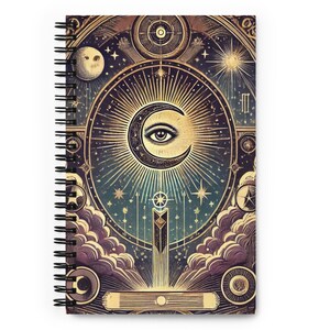 Carnet de notes Tarot | Journal céleste relié par des spirales avec des pages en pointillés | Couverture de carte de tarot mystique | Lune et étoiles