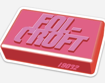 May include: A pink and red rectangular sticker with the text "FOL-CROFT" in a pink 3D font and the number "19032" in white text.