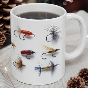 Fly Fishing Lure Coffee Mug: Watercolor Trout Flies Design