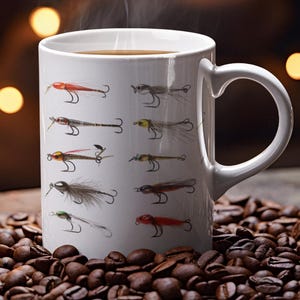 Fly Fishing Lure Coffee Mug: Watercolor Trout Flies Design