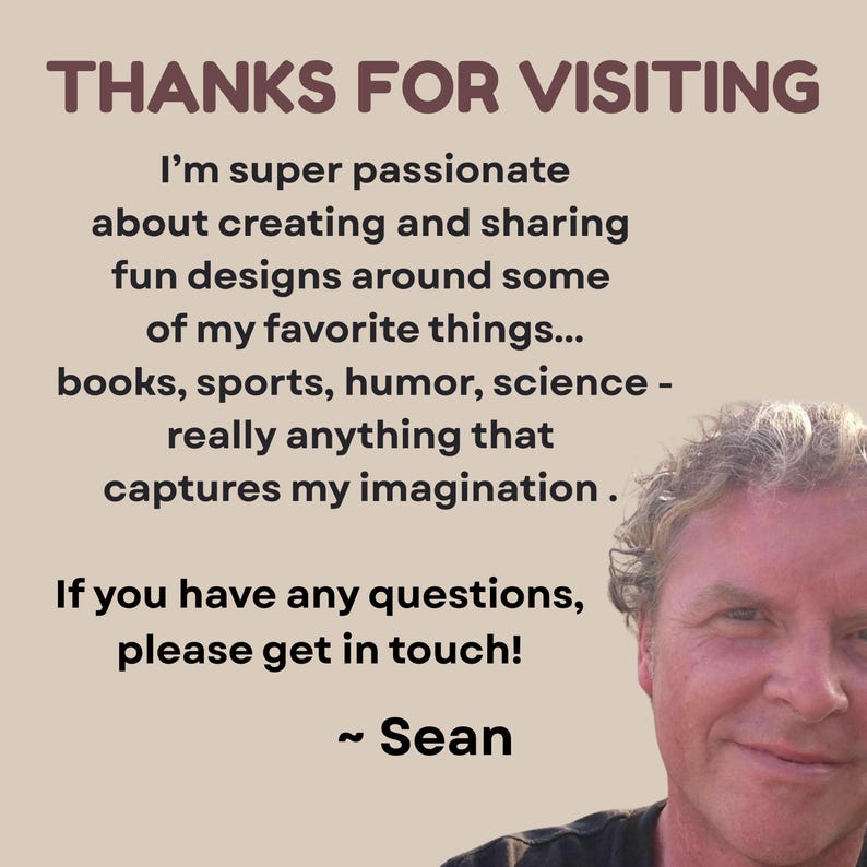 May include: Text on a beige background reads "THANKS FOR VISITING." The text continues, "I'm super passionate about creating and sharing fun designs around some of my favorite things..." followed by a list of interests and a call to action.