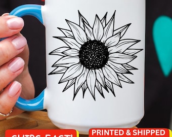 Tazza da caffè con girasole: disegno floreale a matita, tazza da giardino in ceramica