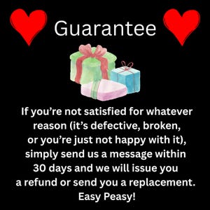 May include: Black background with the word "Guarantee" in white. Two red hearts flank the text. Watercolor illustrations of three gift boxes are in the center. Text below states the guarantee policy, including a refund or replacement.