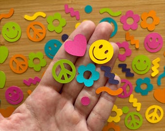 Groovy Confetti Pack | 72 Pcs Retro Smiley Face, Peace Sign, Heart & Daisy Confetti | 70s Hippie Birthday Decor | Rainbow Table Scatter