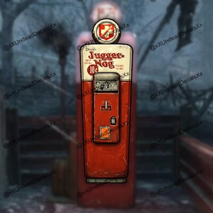 Könnte beinhalten: Ein rot-cremefarbener Verkaufsautomat mit dem Text "Juggernog" und "10¢". Die Maschine hat ein rundes Logo oben und ein rechteckiges Design mit Knöpfen und einem Münzschlitz. Der Hintergrund ist verschwommen.