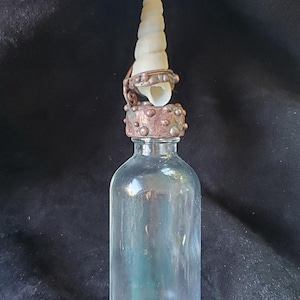 May include: A clear glass bottle with a decorative stopper. The stopper features a spiral seashell atop a copper-colored metal base with small, round embellishments. The seashell is a creamy white color. The bottle is empty.