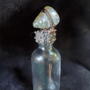 May include: A clear glass bottle with a decorative stopper. The stopper features a light green, shell-shaped glass piece held in place by copper-colored metal. The base of the stopper is a textured, gray metal with small, copper-colored spheres.